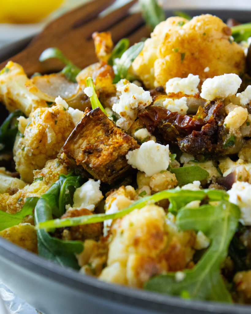 close up of eggplant in Za'atar Roasted Vegetable Farro Salad