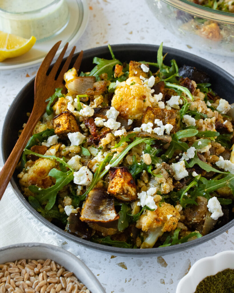 45 degree angle shot of Za'atar Roasted Vegetable Farro Salad