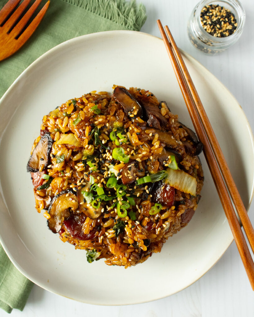 Top Down photo of Pork Belly Sticky Rice on plate