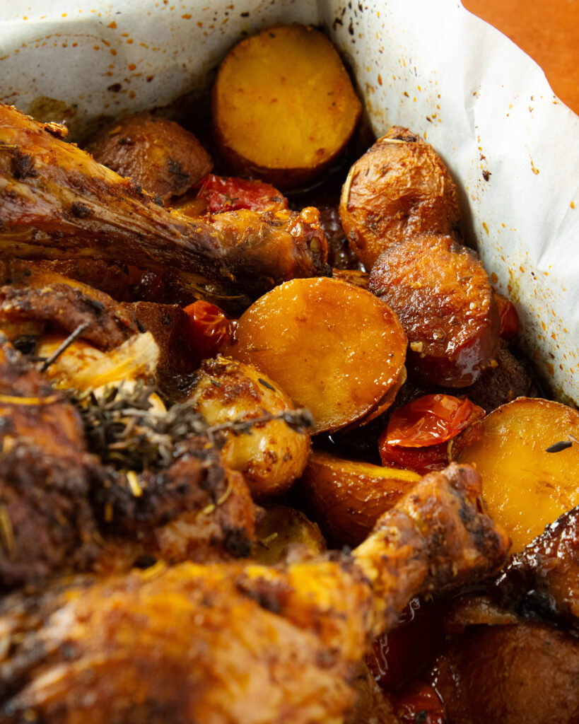 close up of Smoked Paprika Roast Chicken vegetables