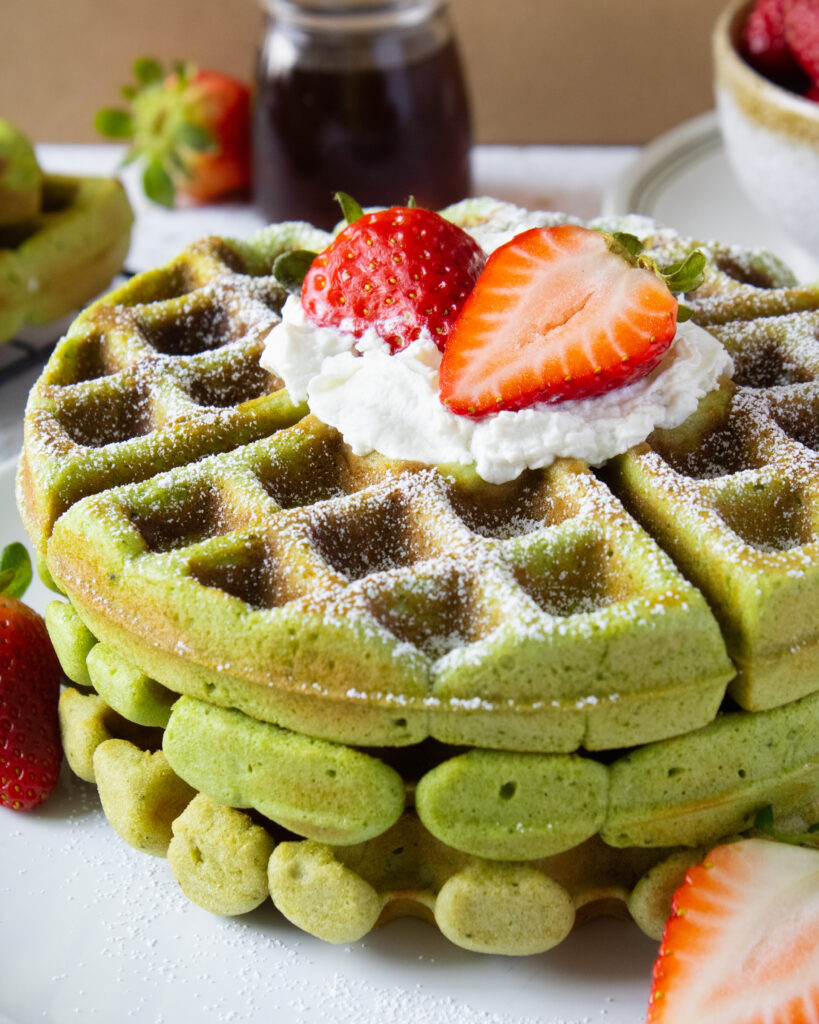 Close up of stack of Matcha Mochi Waffles