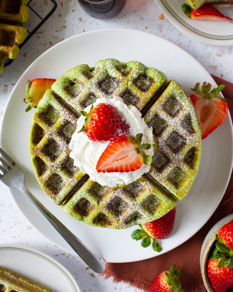 overhead shot of matcha mochi waffles