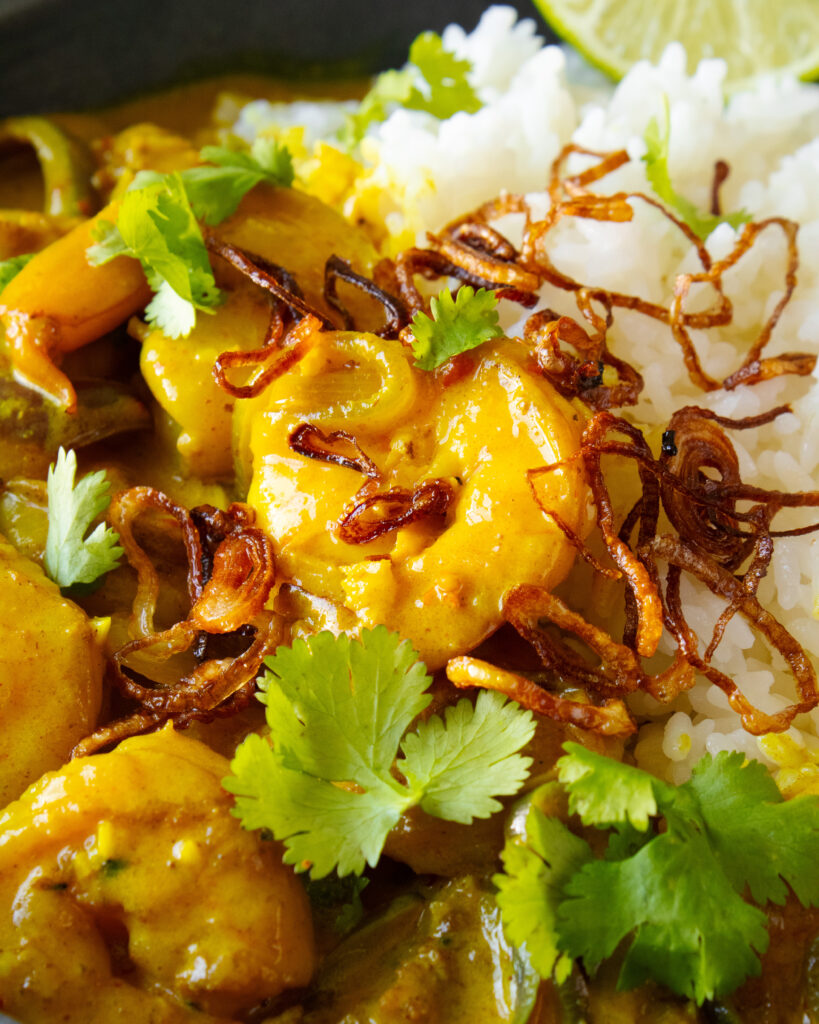 Close up of Creamy Turmeric Shrimp Curry bowl