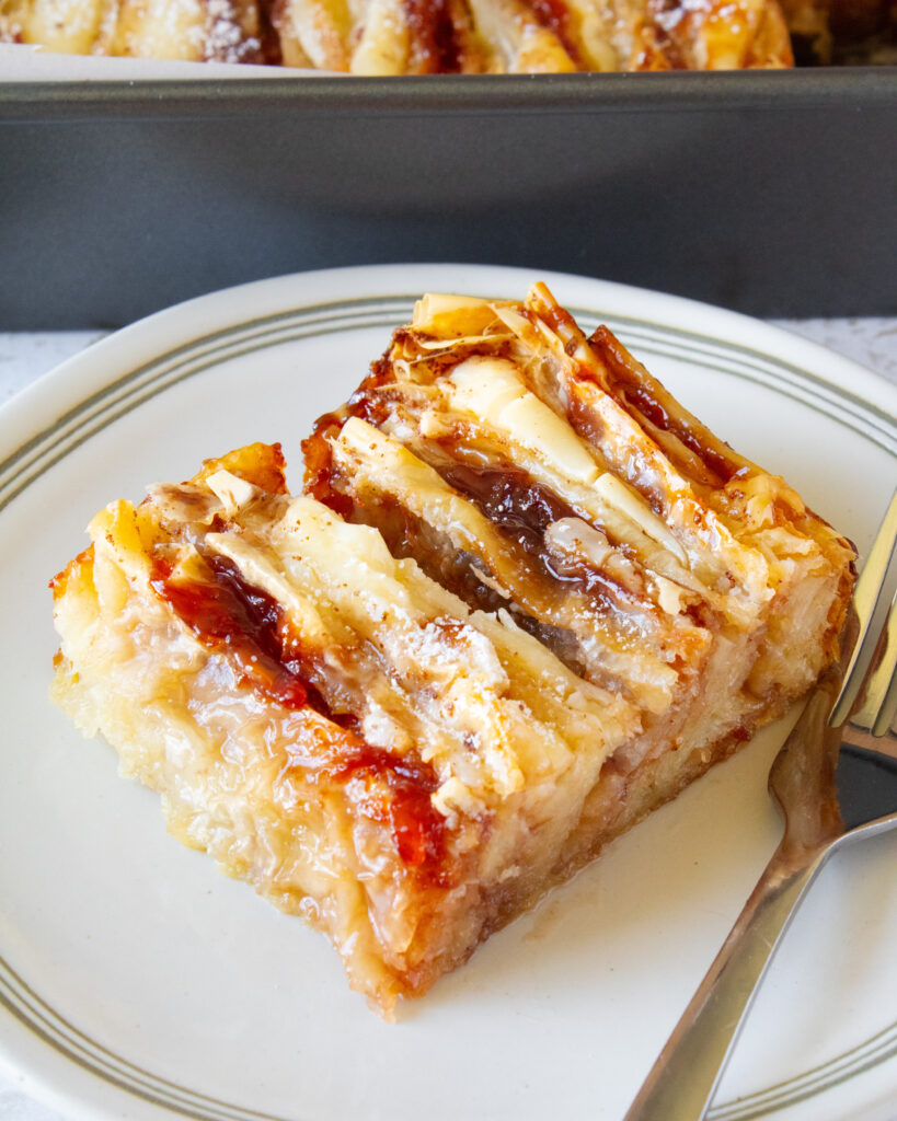 Close up shot of Guava and Cheese Crinkle Cake slice
