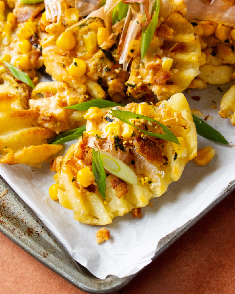 Macro shot of a Japanese Cheese Fries with the toppings
