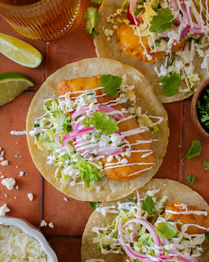 overhead shot of beer battered fish taco