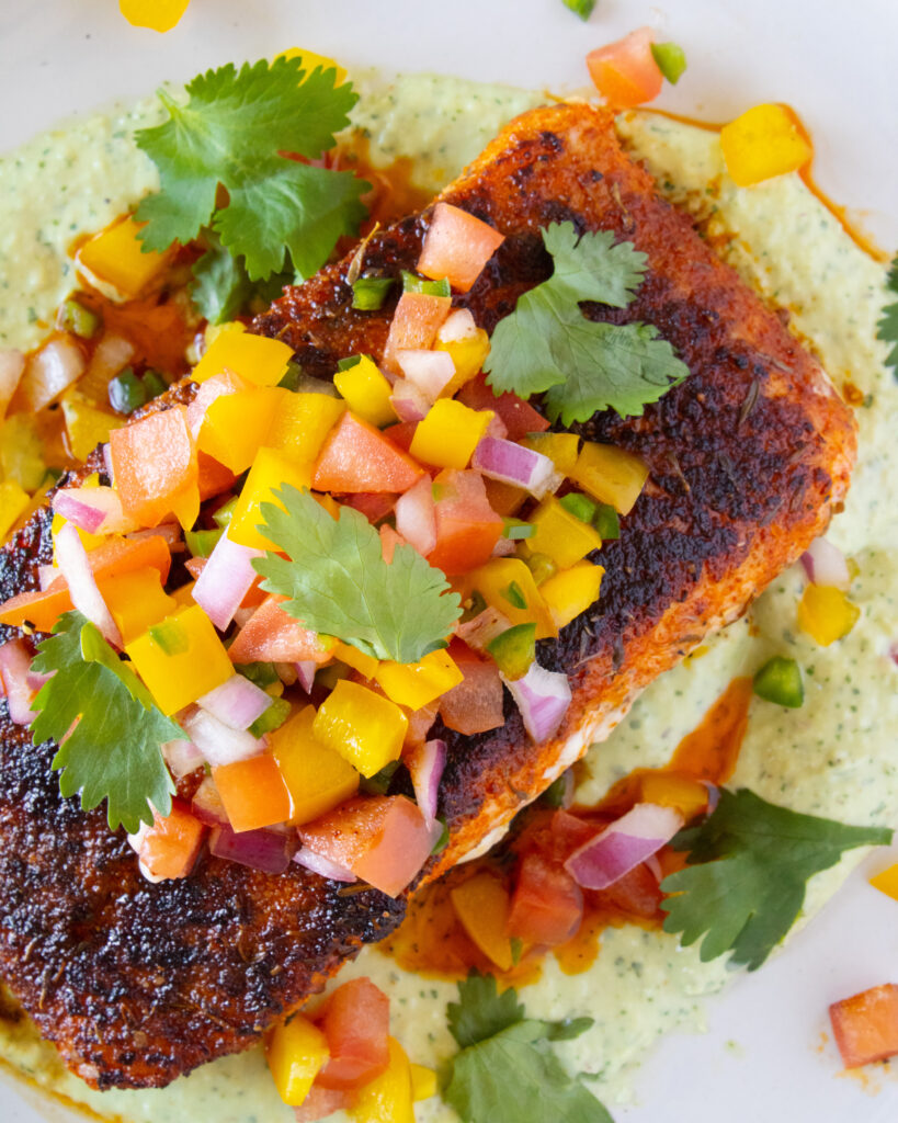 top down shot of Blackened Salmon with Tomato Relish