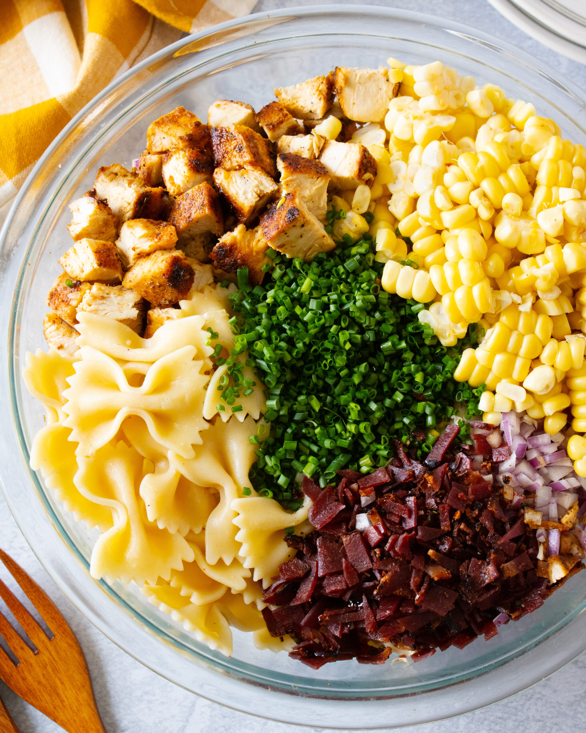 overhead shot of Chipotle Chicken Pasta Salad ingredients