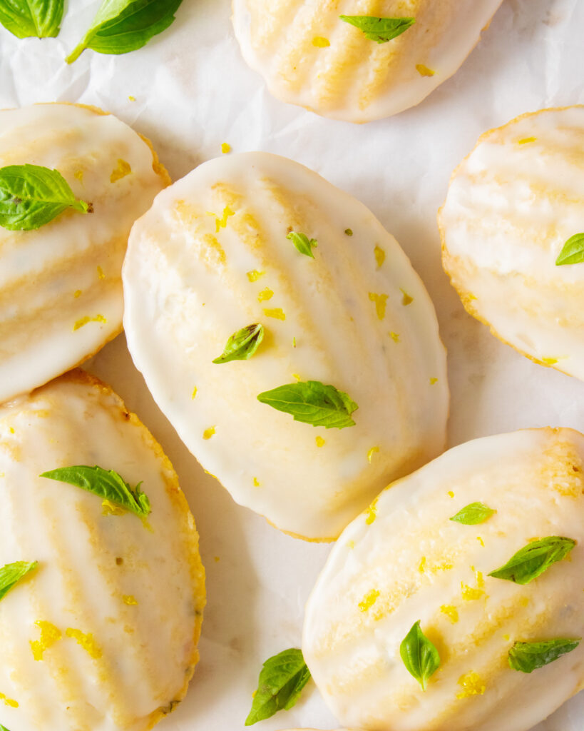 close up top down shot of Lemon Olive Oil Basil Madeleines