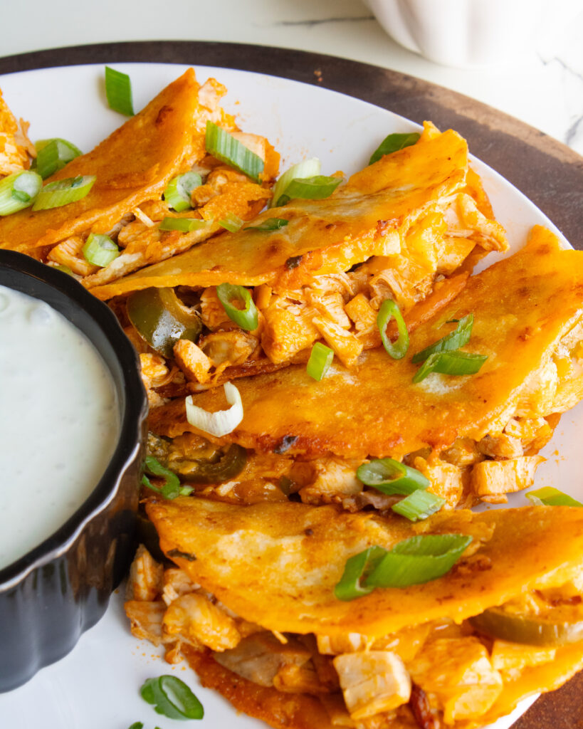 45 degree angle shot of Spicy Buffalo Chicken Tacos