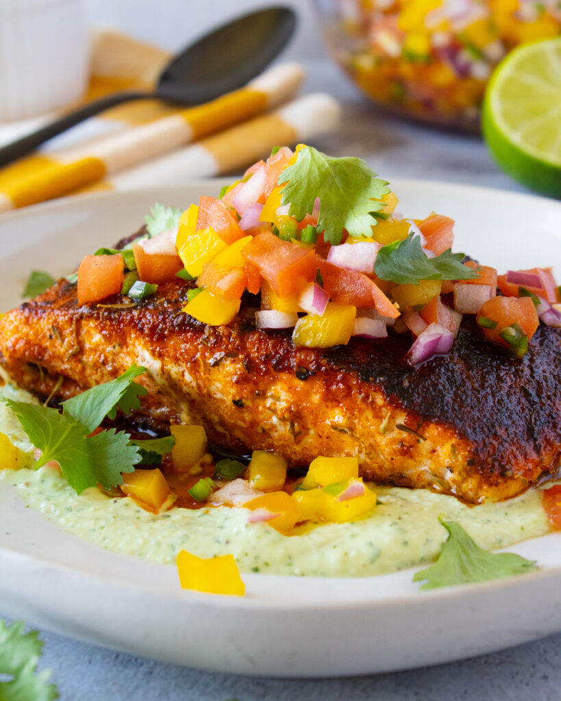 Blackened Salmon with Tomato Relish profile view