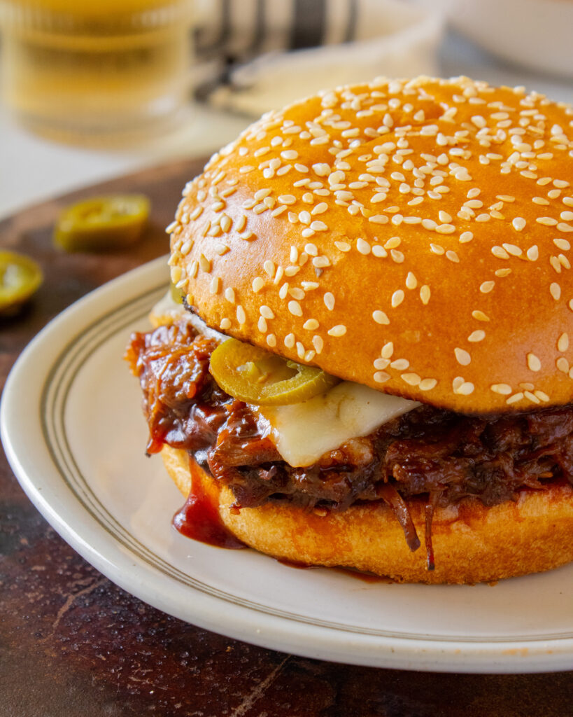 close up of Slow Cooker BBQ Beef Sandwiches