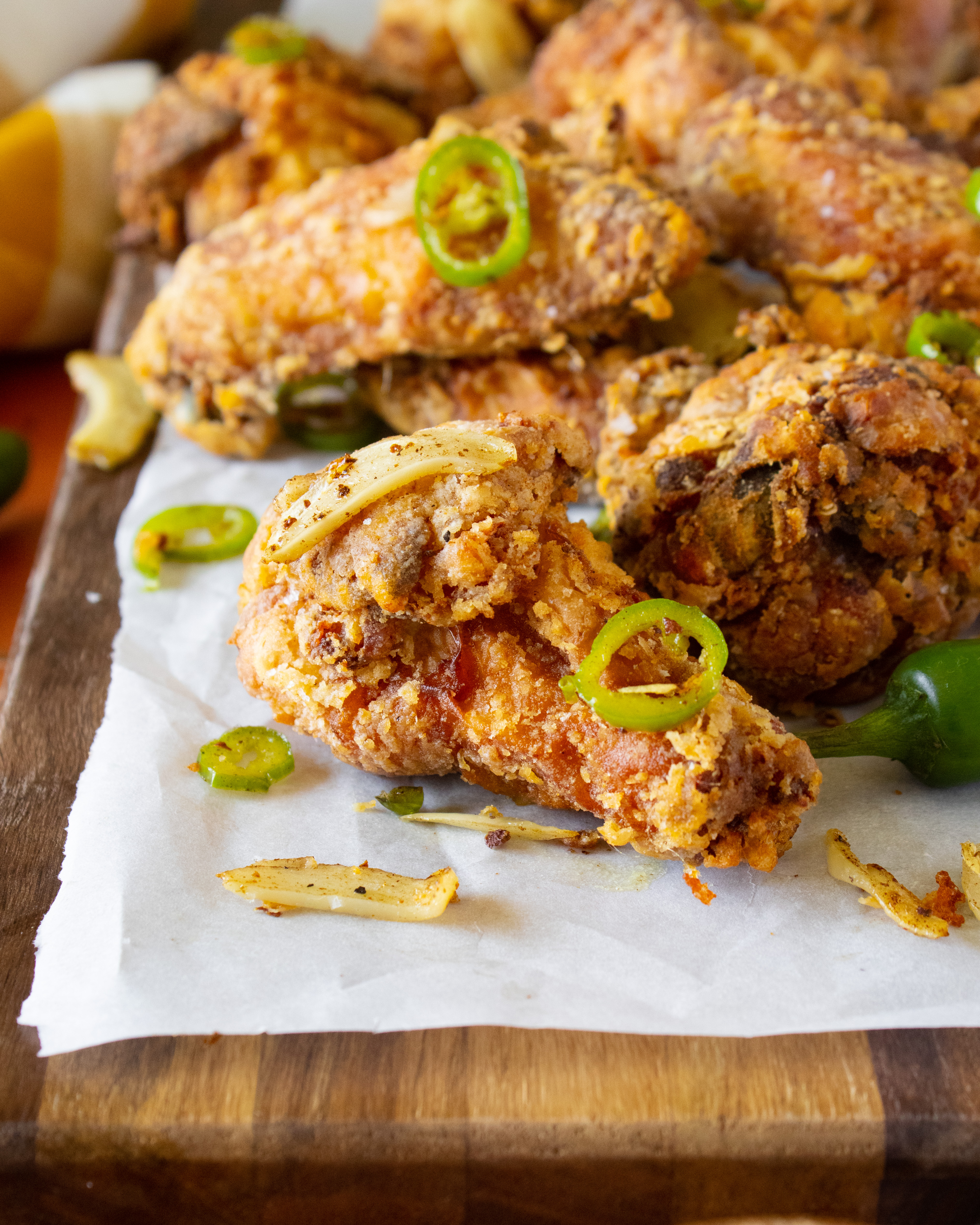 close up of Salt and Pepper Chicken Wings drumstick