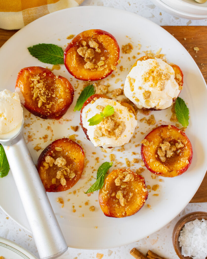 overhead shot of roasted peach crisp on a plate