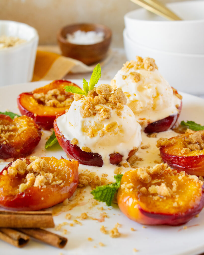 Plate of roasted peach crisp