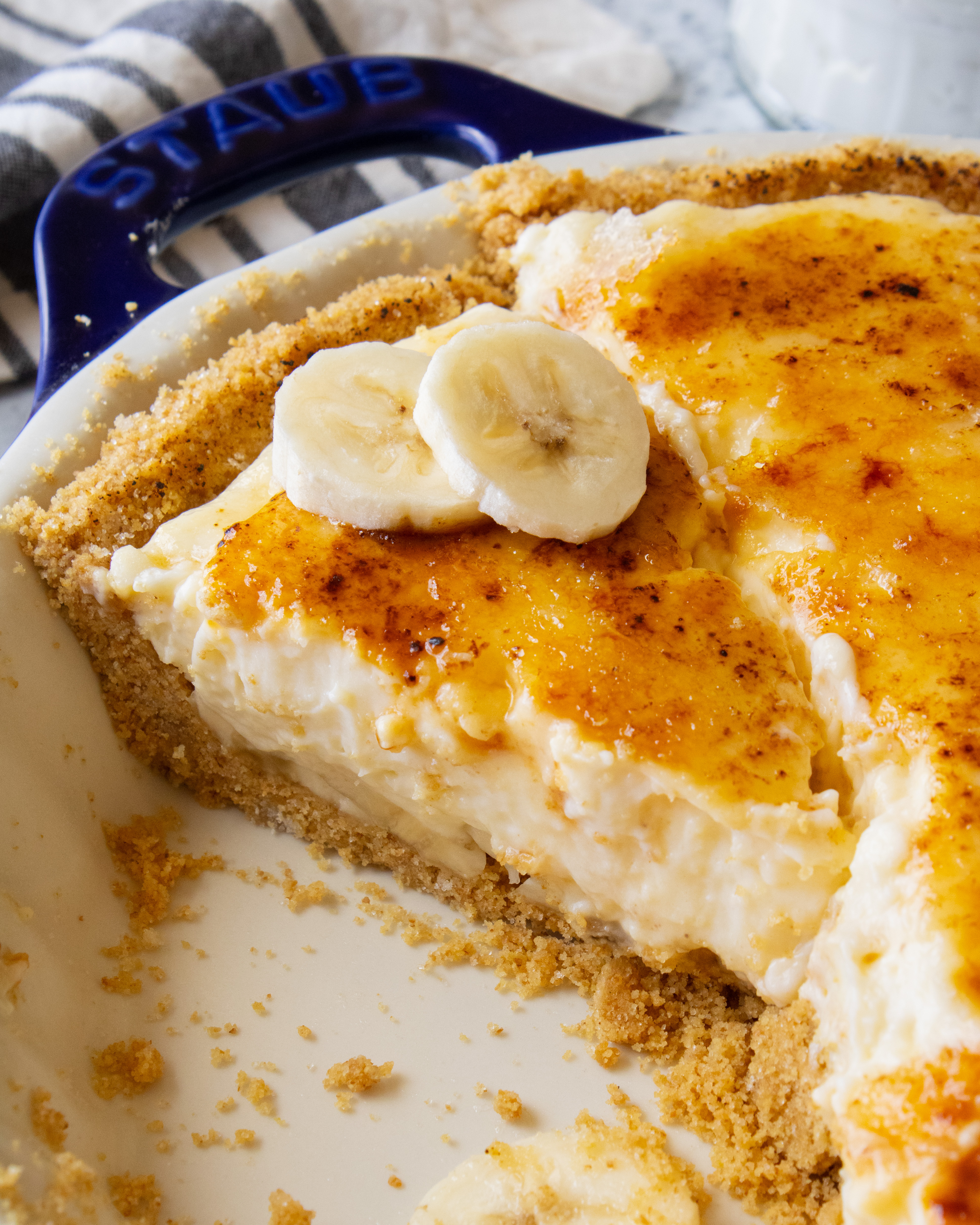 close up of a slice of Crème Brûlée Banana Cream Pie