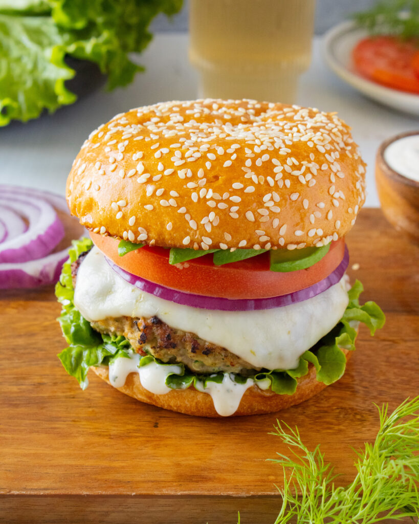 Ranch Turkey Burger on a cutting board