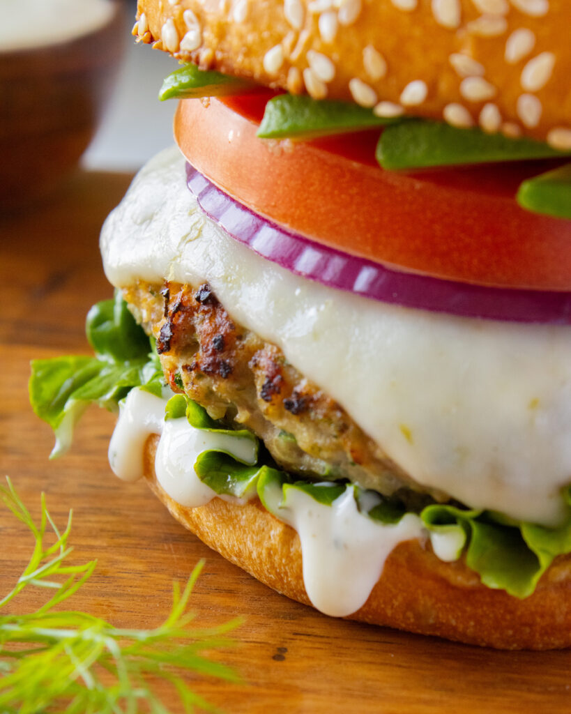 close up on ranch dripping from Ranch Turkey Burgers