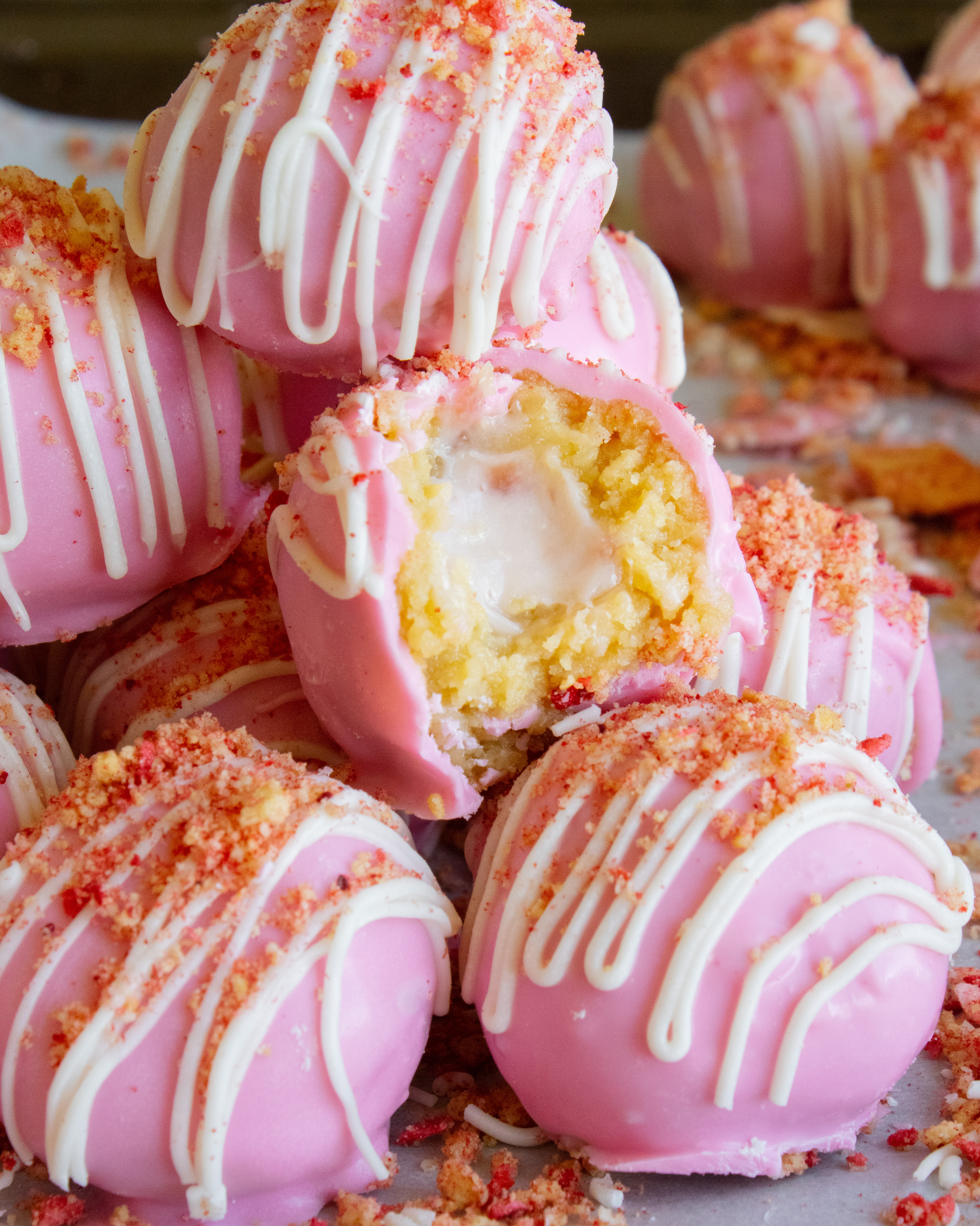 stack of Strawberry Shortcake Cheesecake Truffles