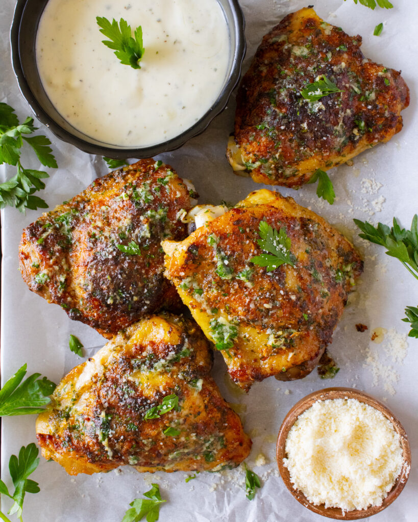 close up of Garlic Parmesan Ranch Chicken Thighs