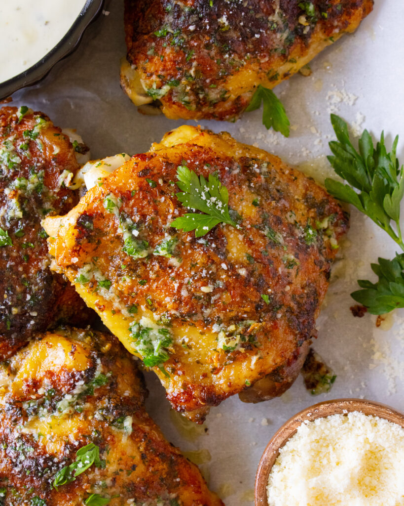 overhead shot of Garlic Parmesan Ranch Chicken Thighs