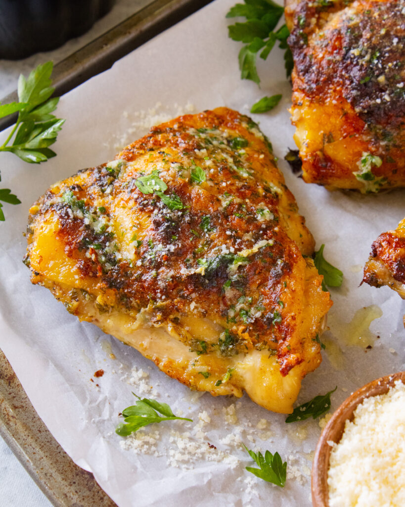 close up of Garlic Parmesan Ranch Chicken Thighs