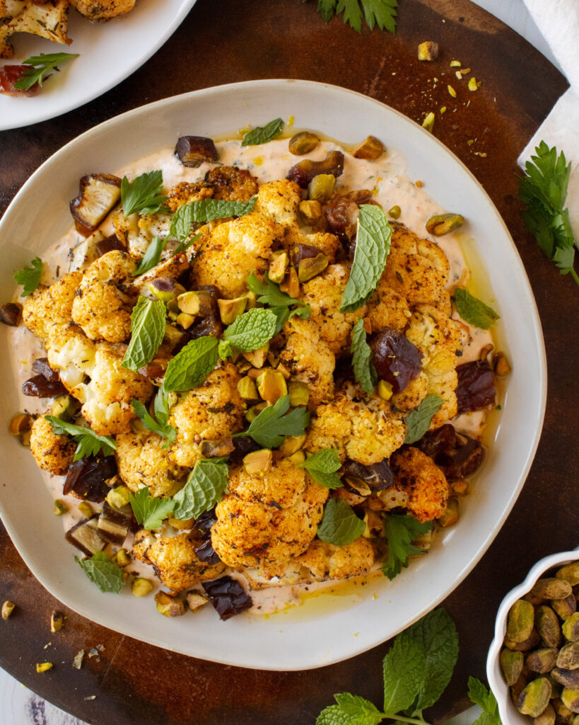 overhead shot of Roasted Cauliflower with Harissa Sauce
