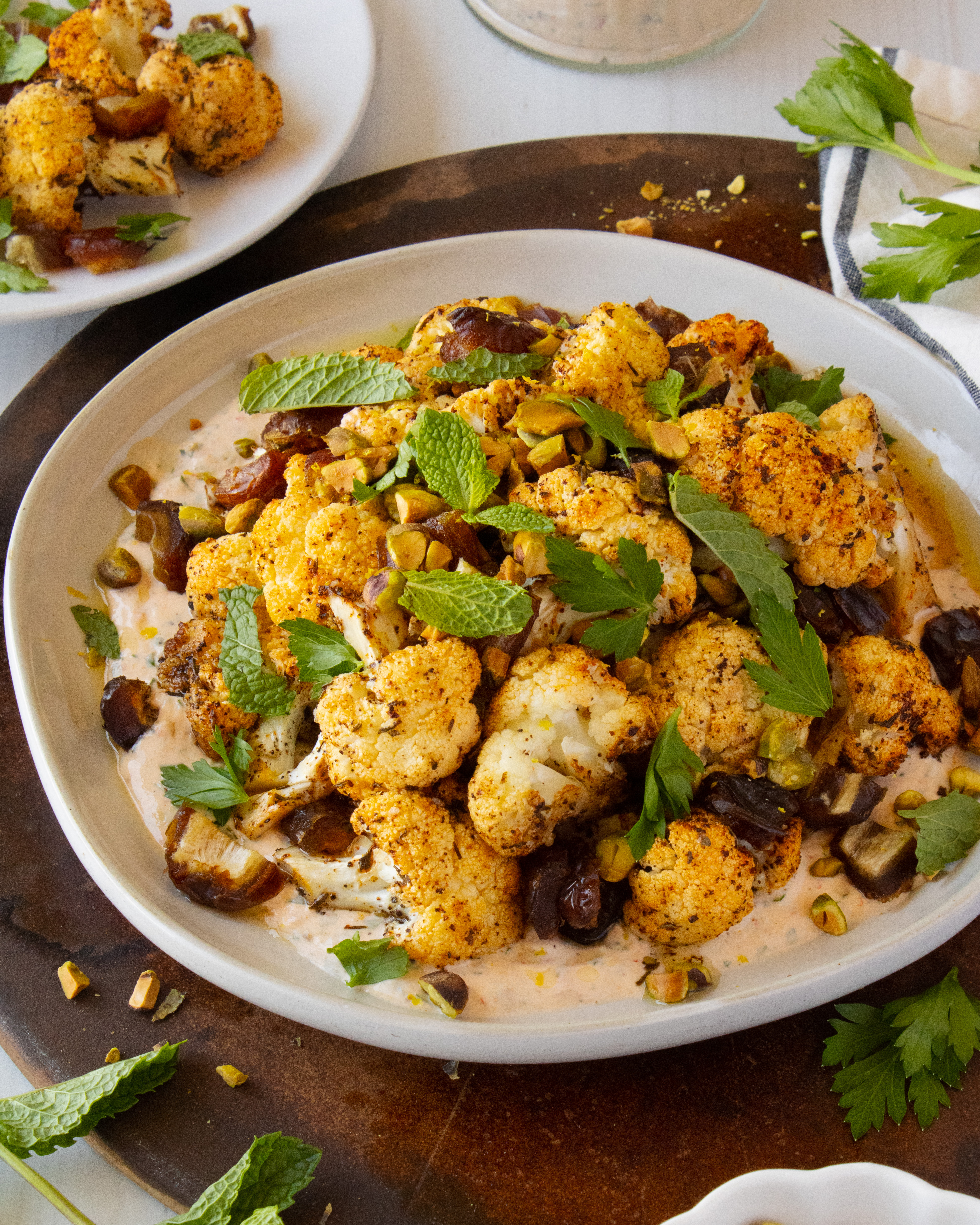 45 degree angle shot of Roasted Cauliflower with Harissa Sauce