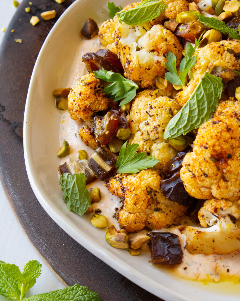 close up of Roasted Cauliflower with Harissa Sauce