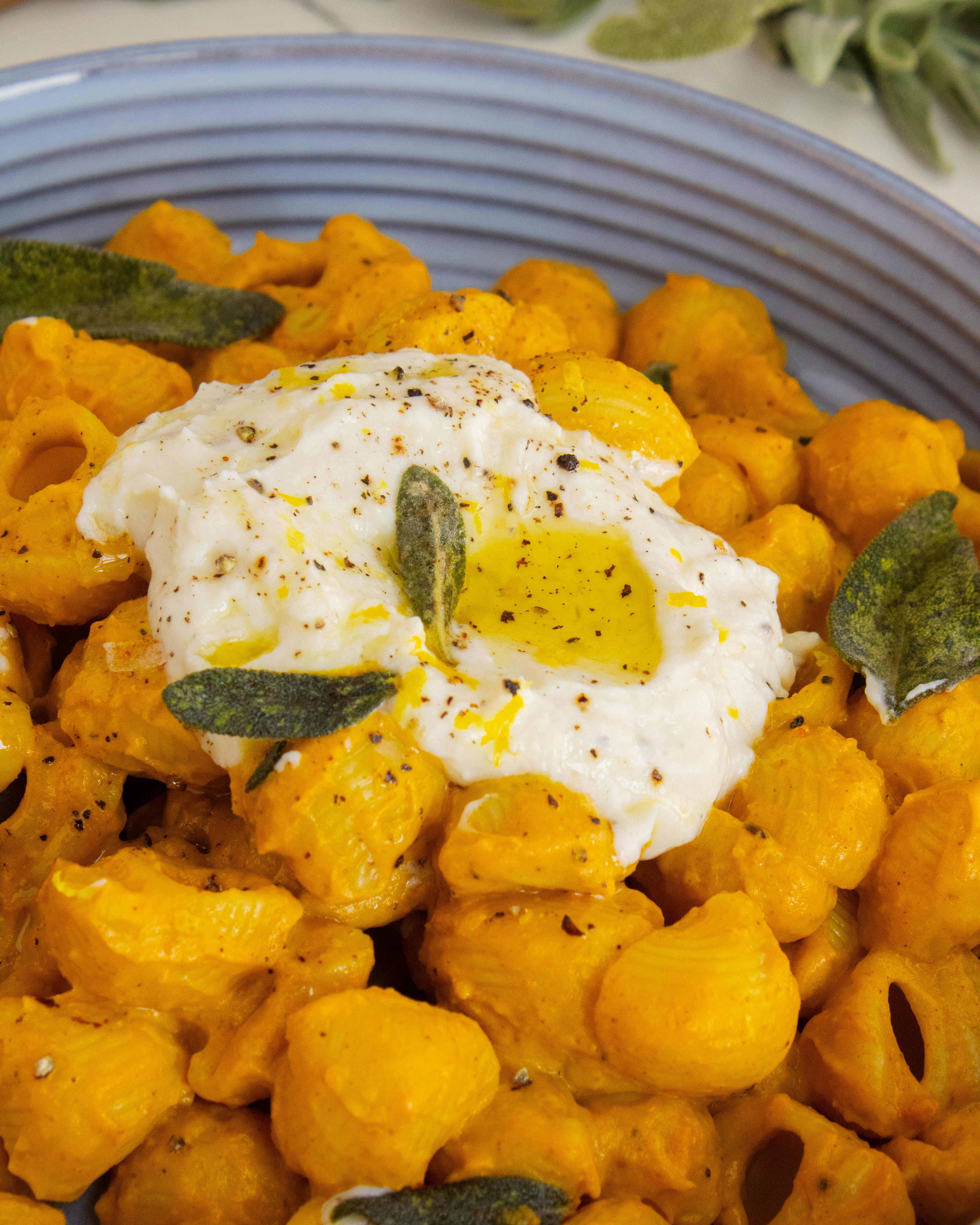 close up of the whipped ricotta on Creamy Curried Pumpkin Pasta