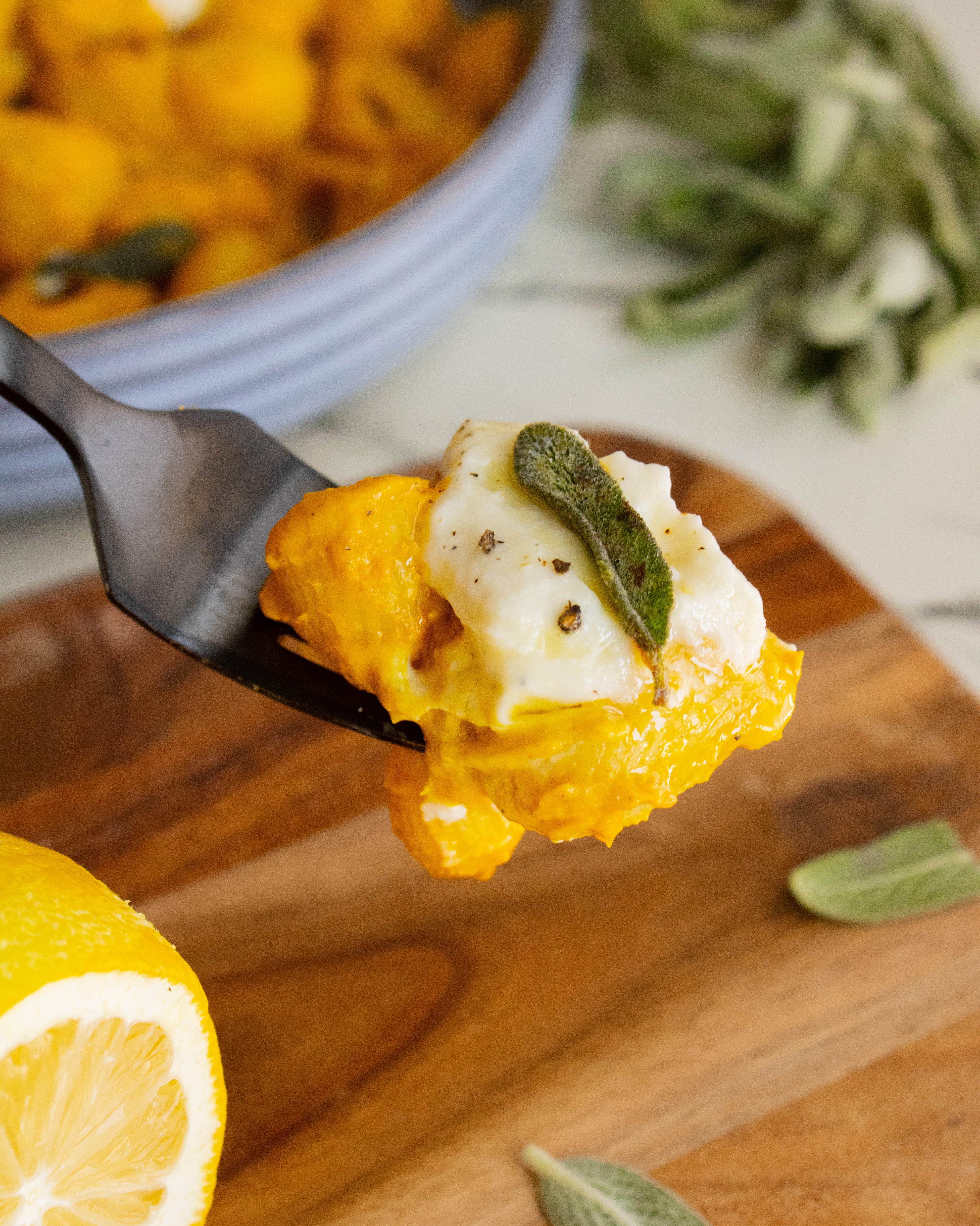 bite of Creamy Curried Pumpkin Pasta on a fork