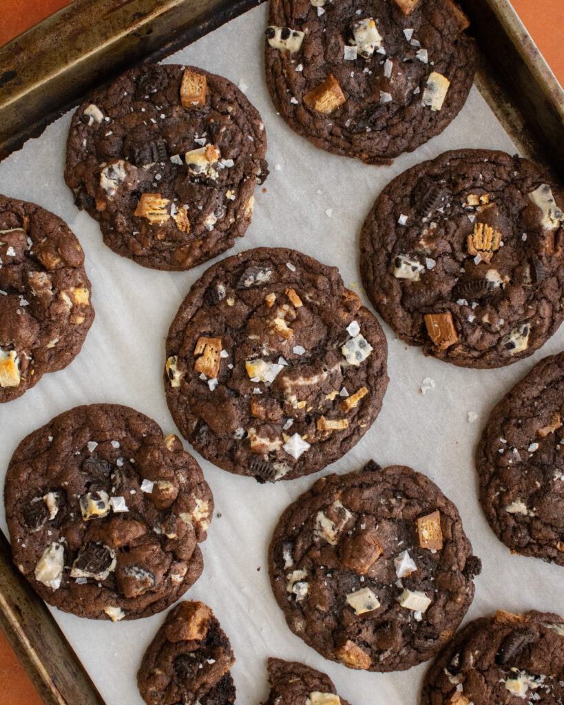over head shot of Death By Chocolate Cookies on baking sheet