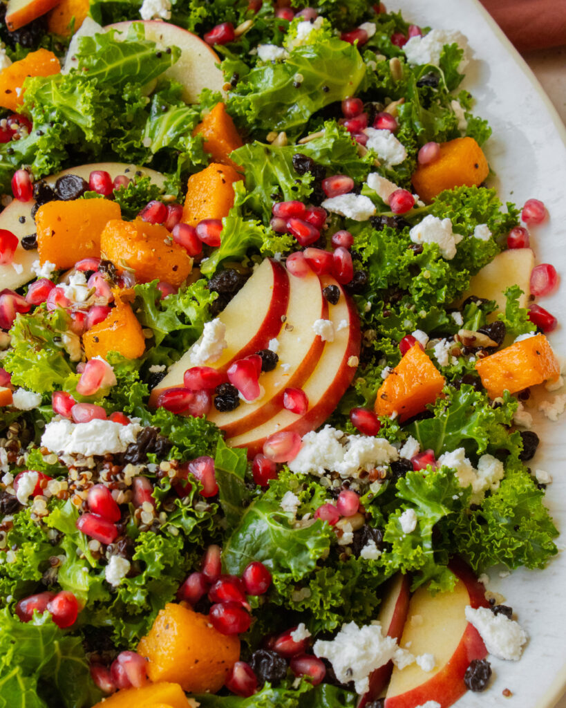 close up of toppings on Fall Harvest Kale Salad
