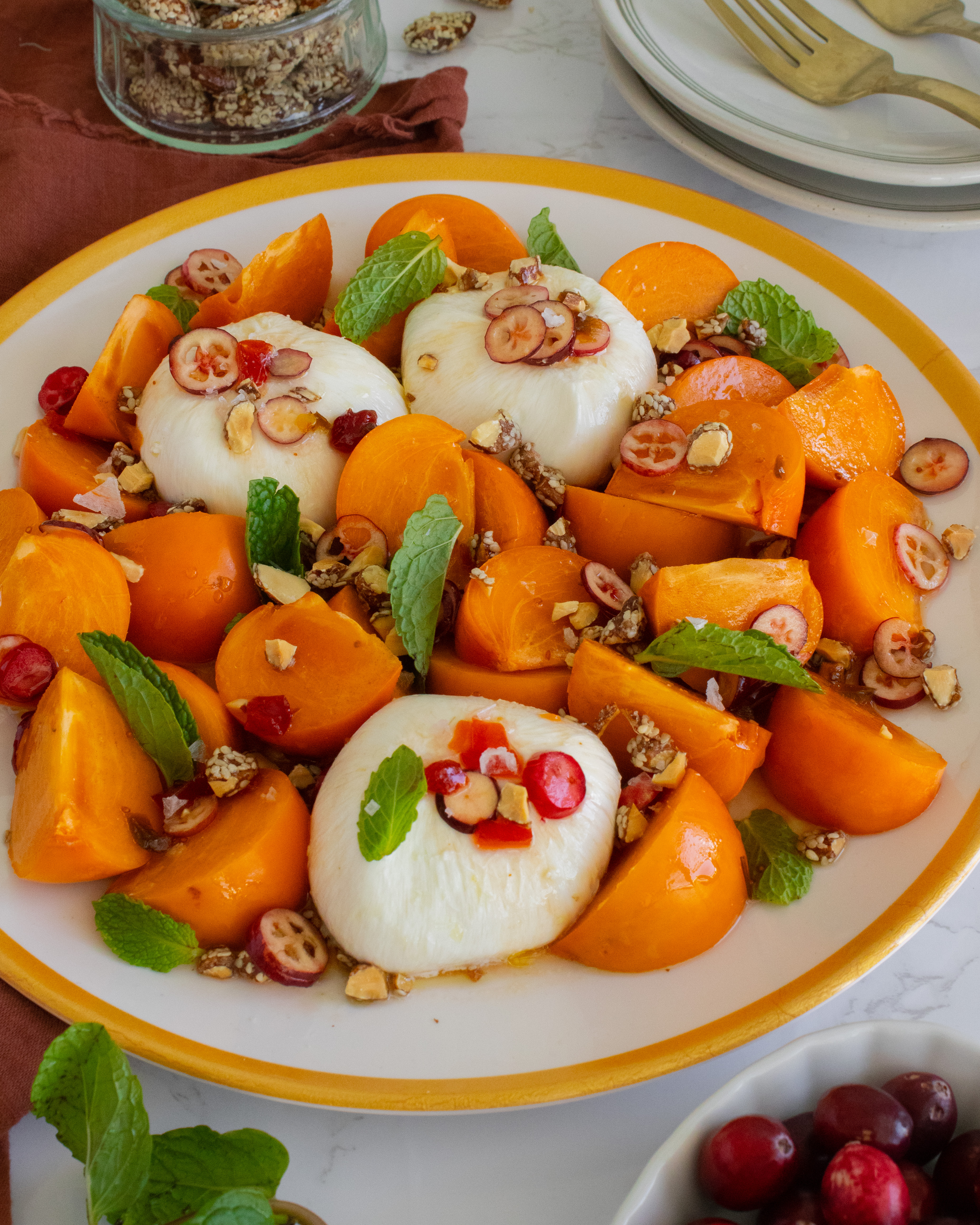 45 degree angle shot of Persimmon Burrata Salad