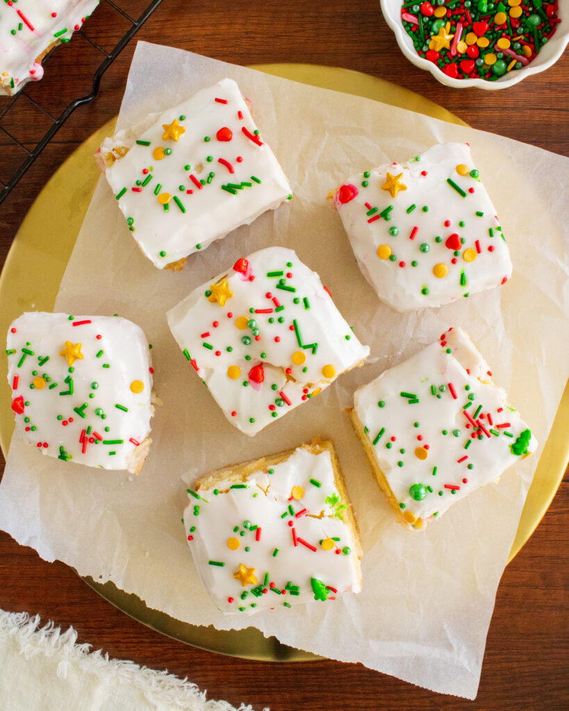 overhead shot of Sugar Cookie Bars on a tray