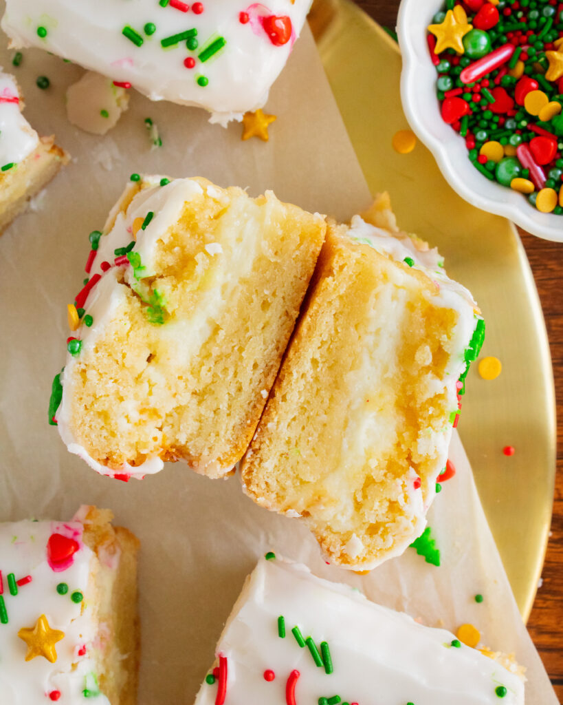 overhead close up shot of Sugar Cookie Bars cross section