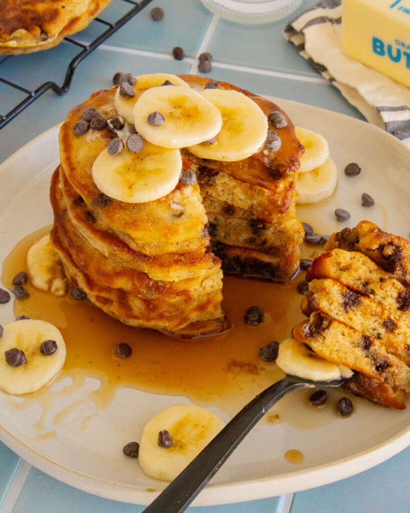 Chocolate Almond Banana Pancakes with a slice taken out