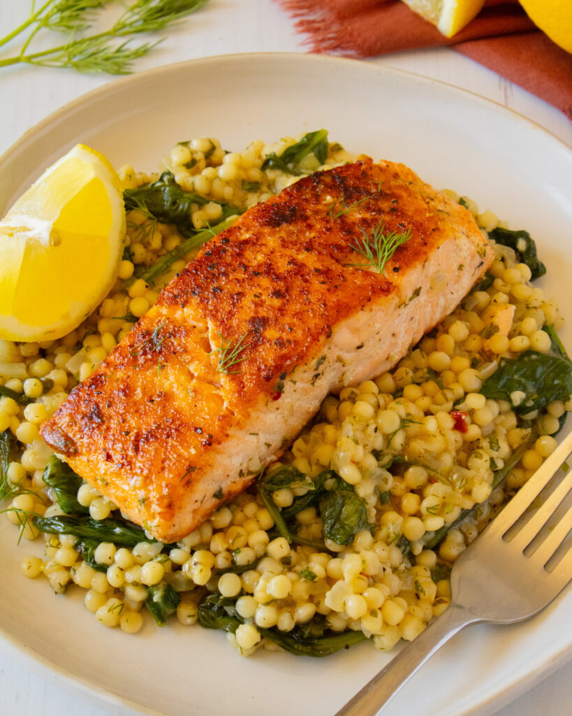serving of One-Pan Herby Salmon and Couscous on a plate