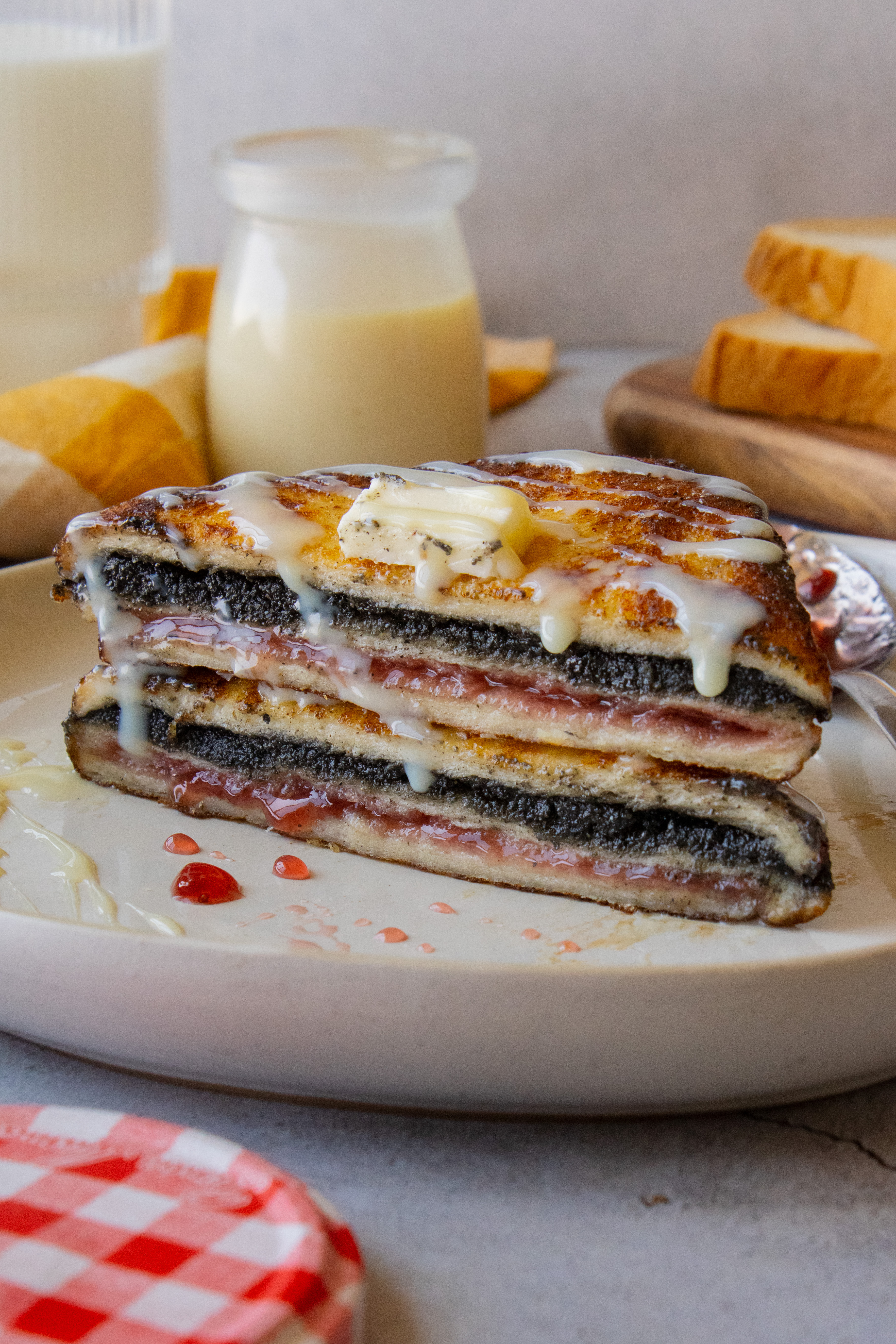 stack of Black Sesame Raspberry Hong Kong Style French Toast