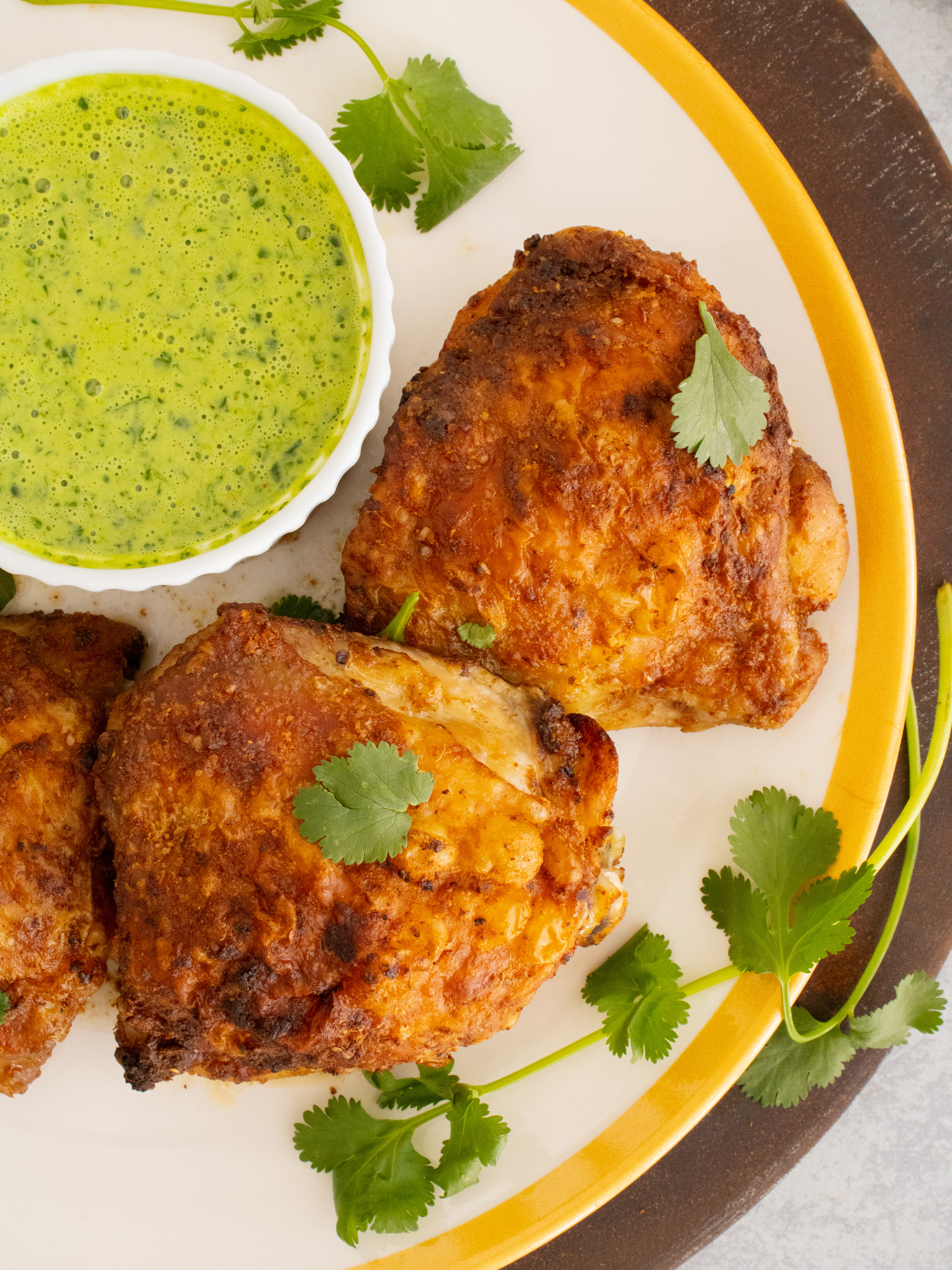 overhead shot of Chaat Masala Chicken Thighs on a plate