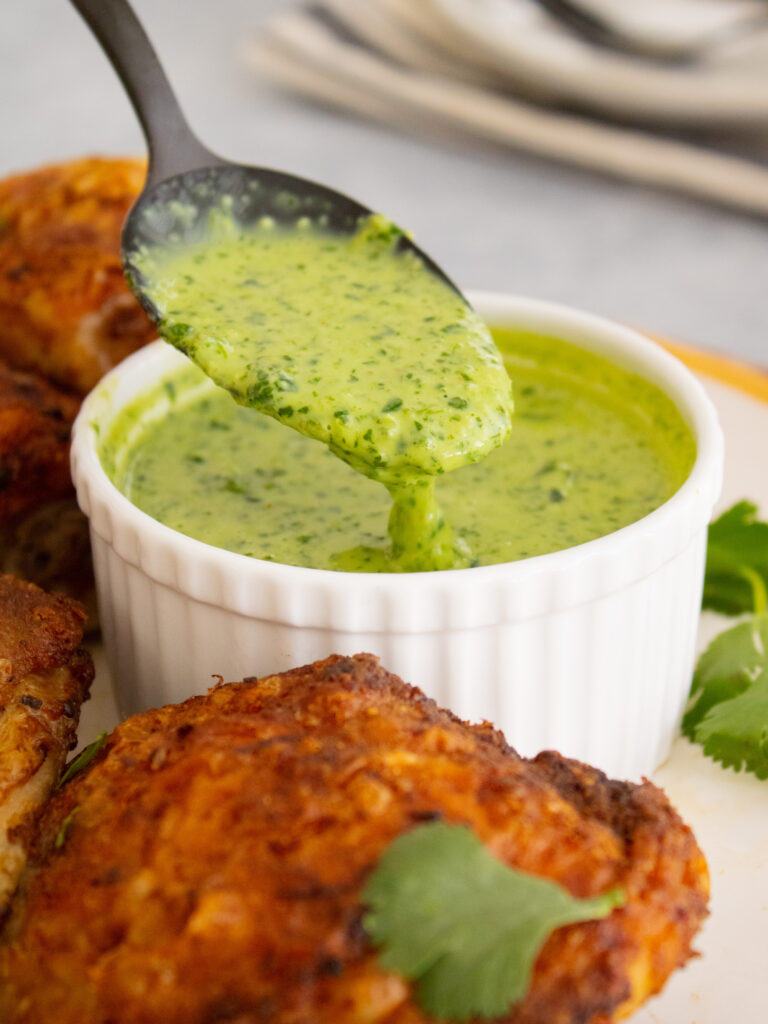 close up of cilantro chutney for Chaat Masala Chicken Thighs