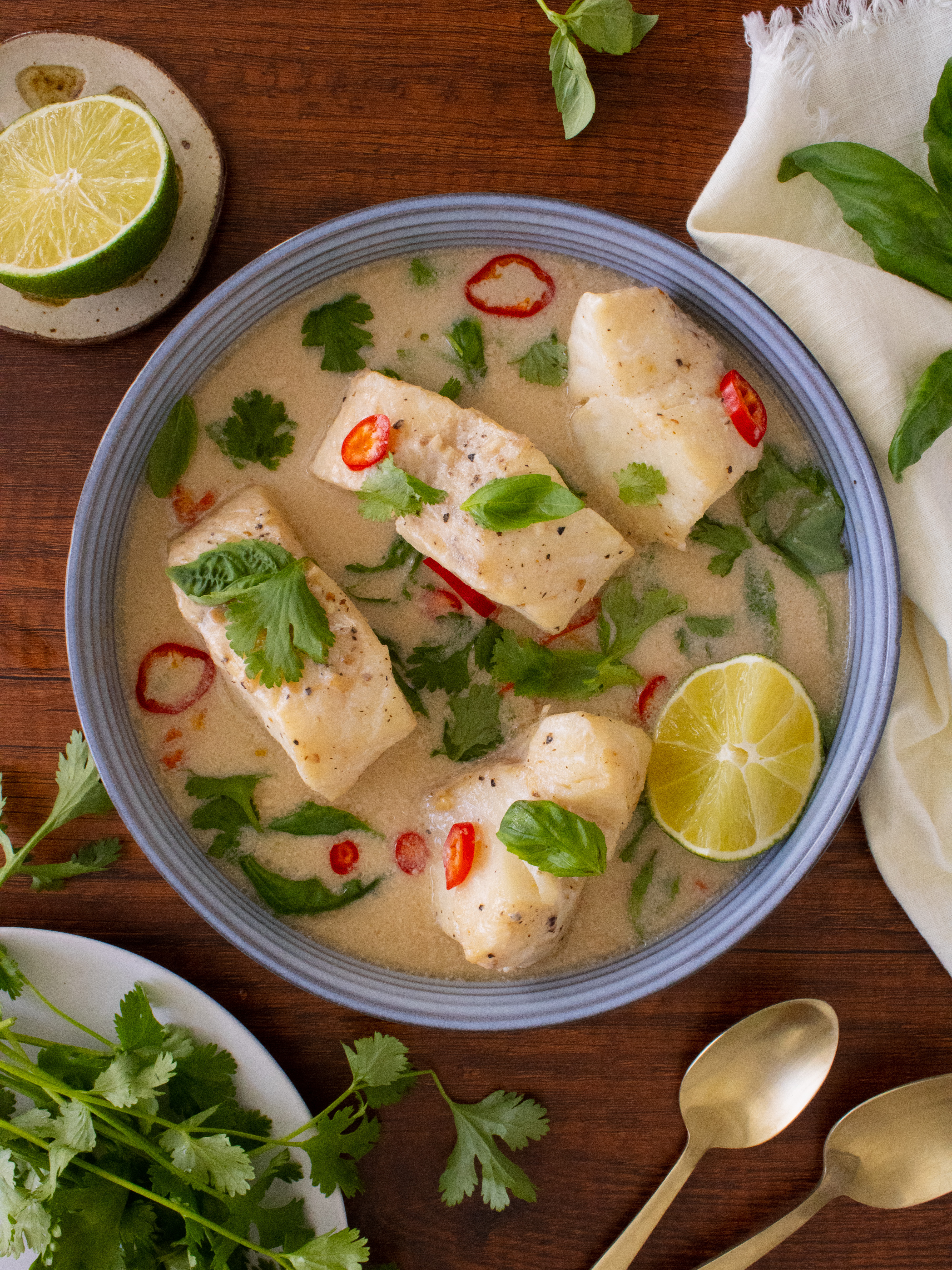 wide overhead shot of Coconut Milk Poached Cod