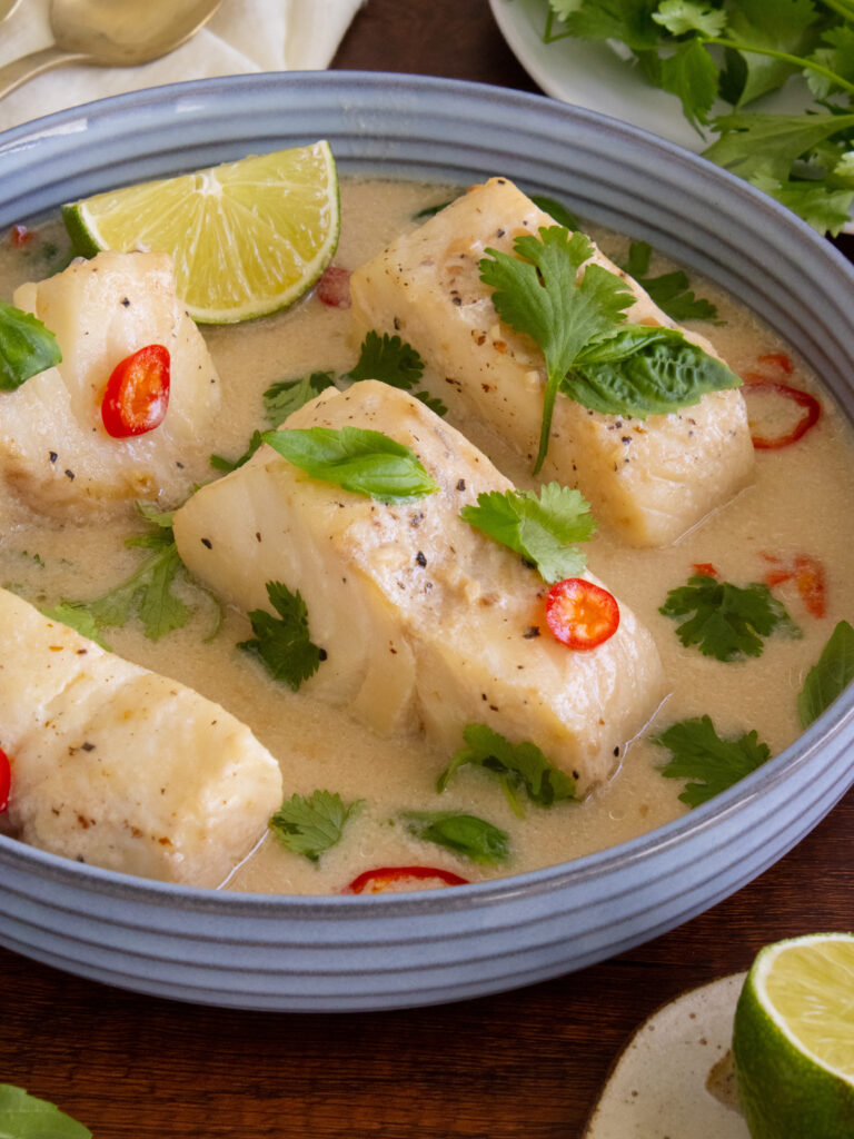 45 degree angle shot of Coconut Milk Poached Cod