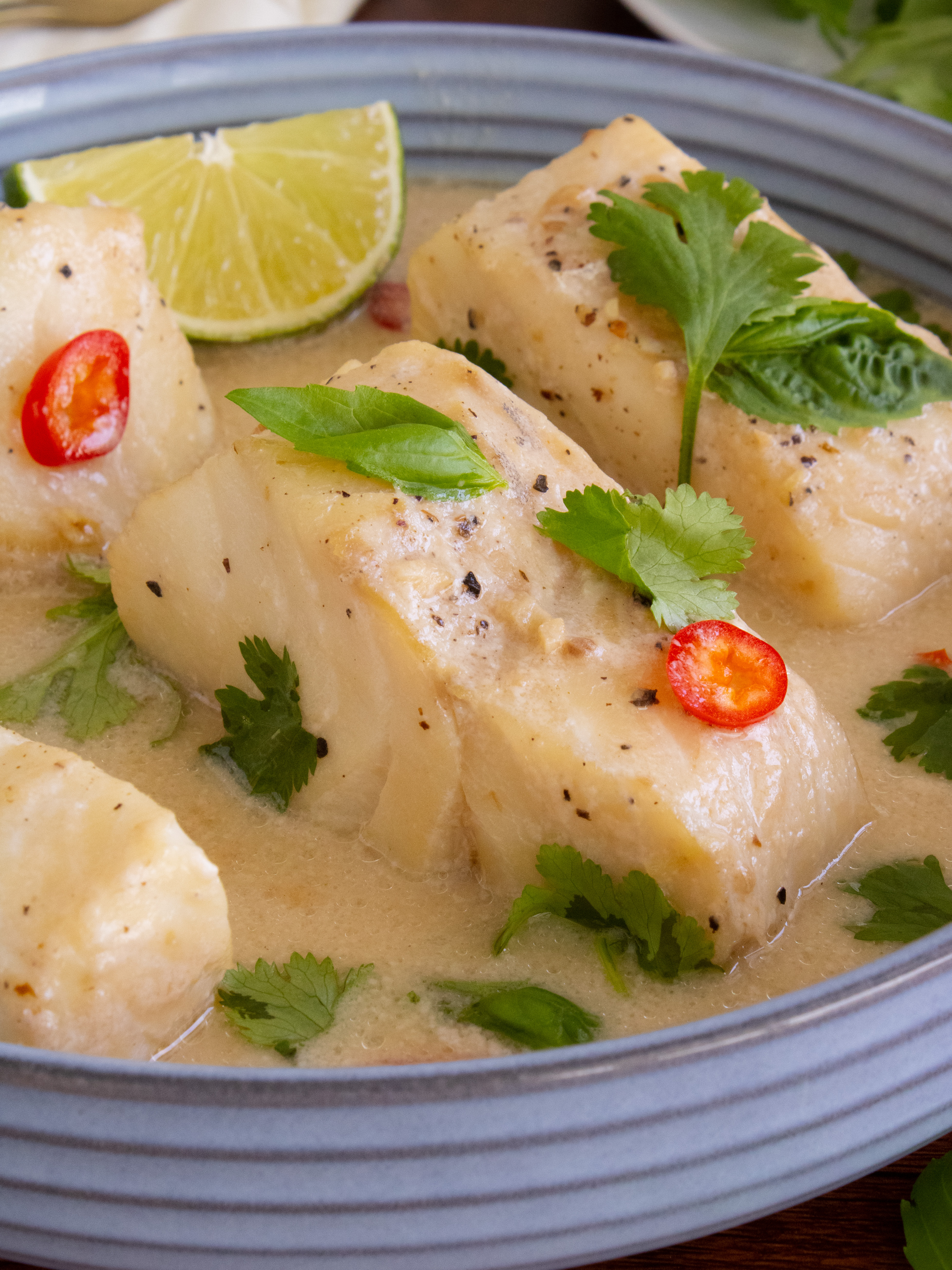 close up of a piece of Coconut Milk Poached Cod