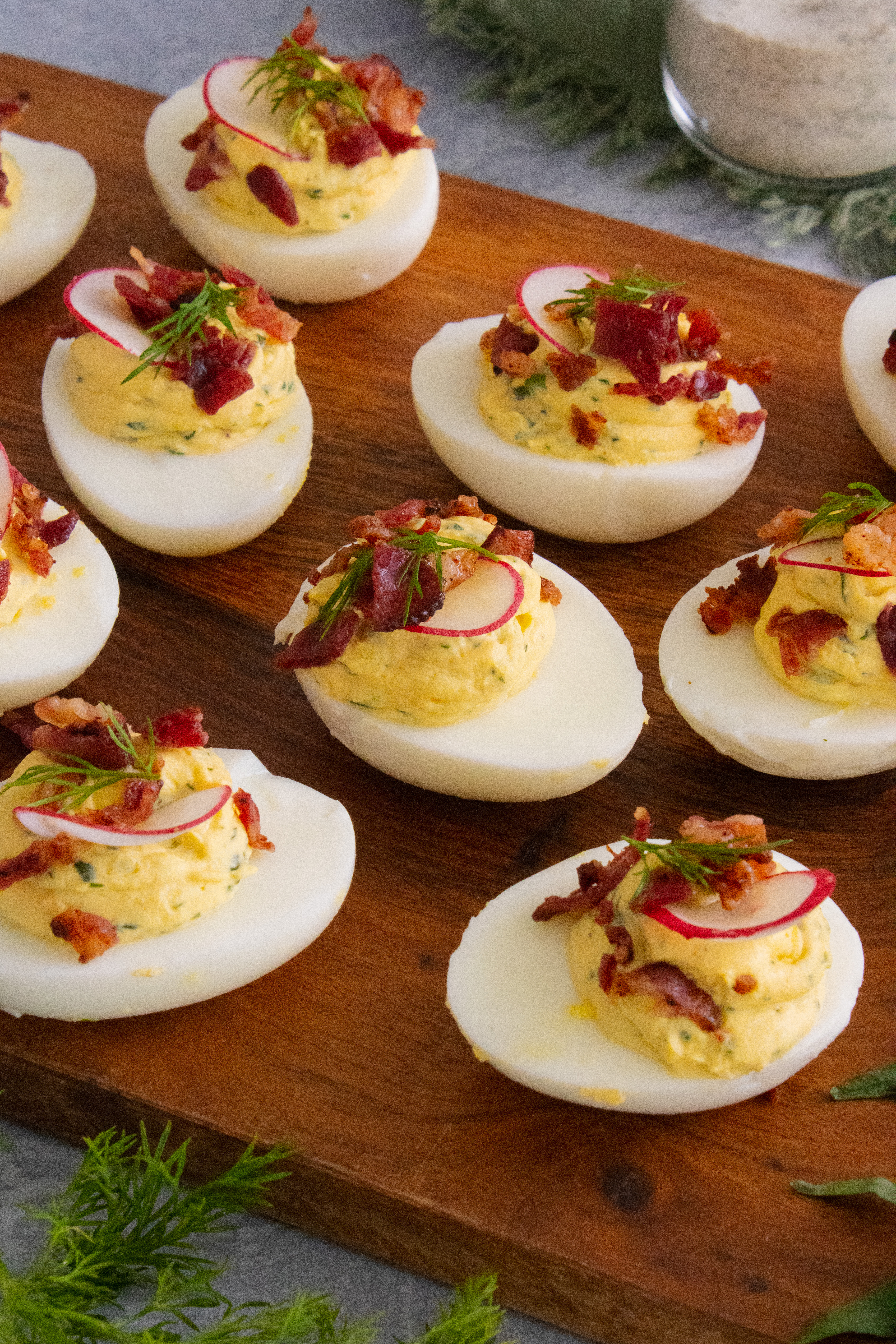 Dill Ranch Deviled Eggs on a cutting board
