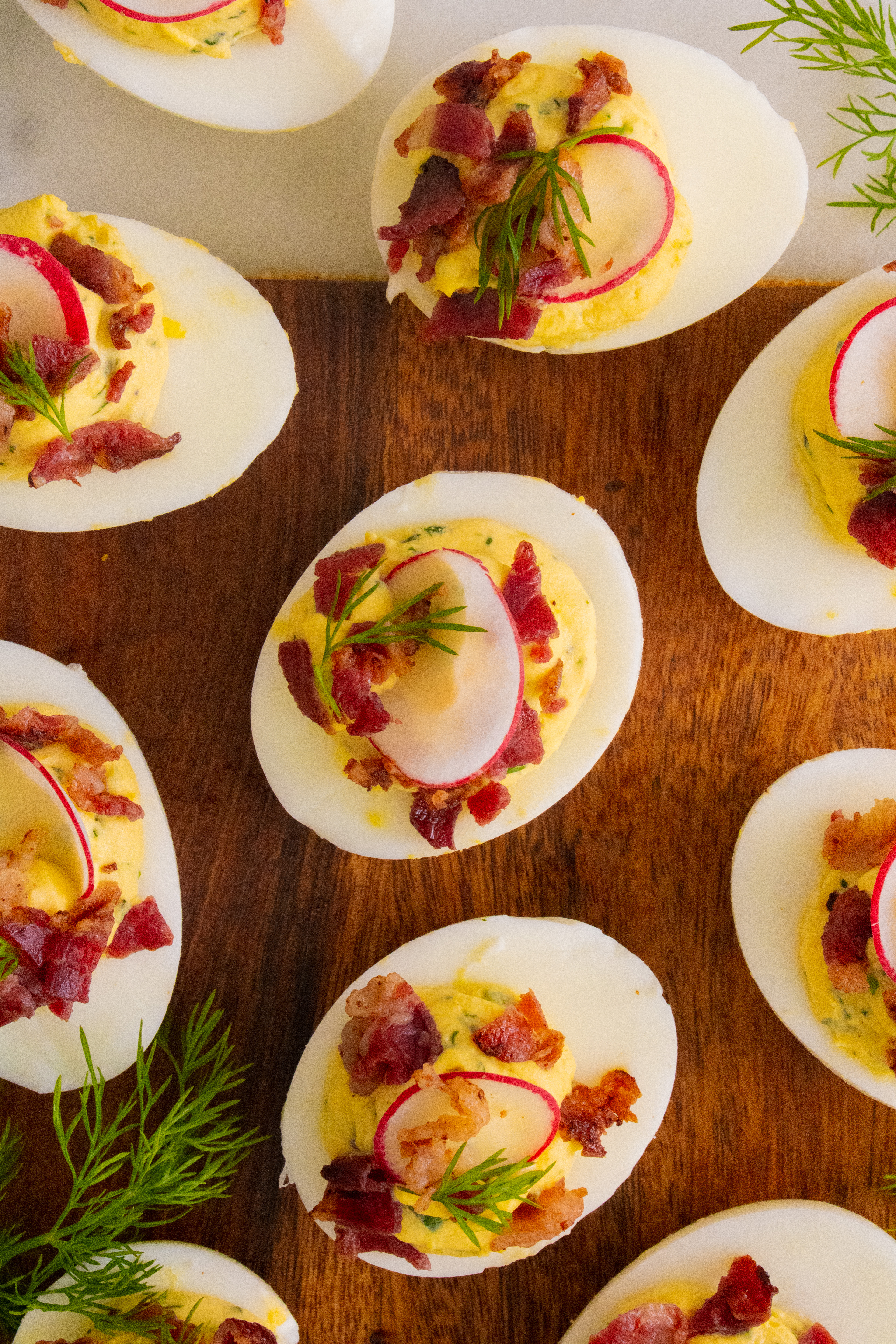 close up overhead shot of Dill Ranch Deviled Eggs