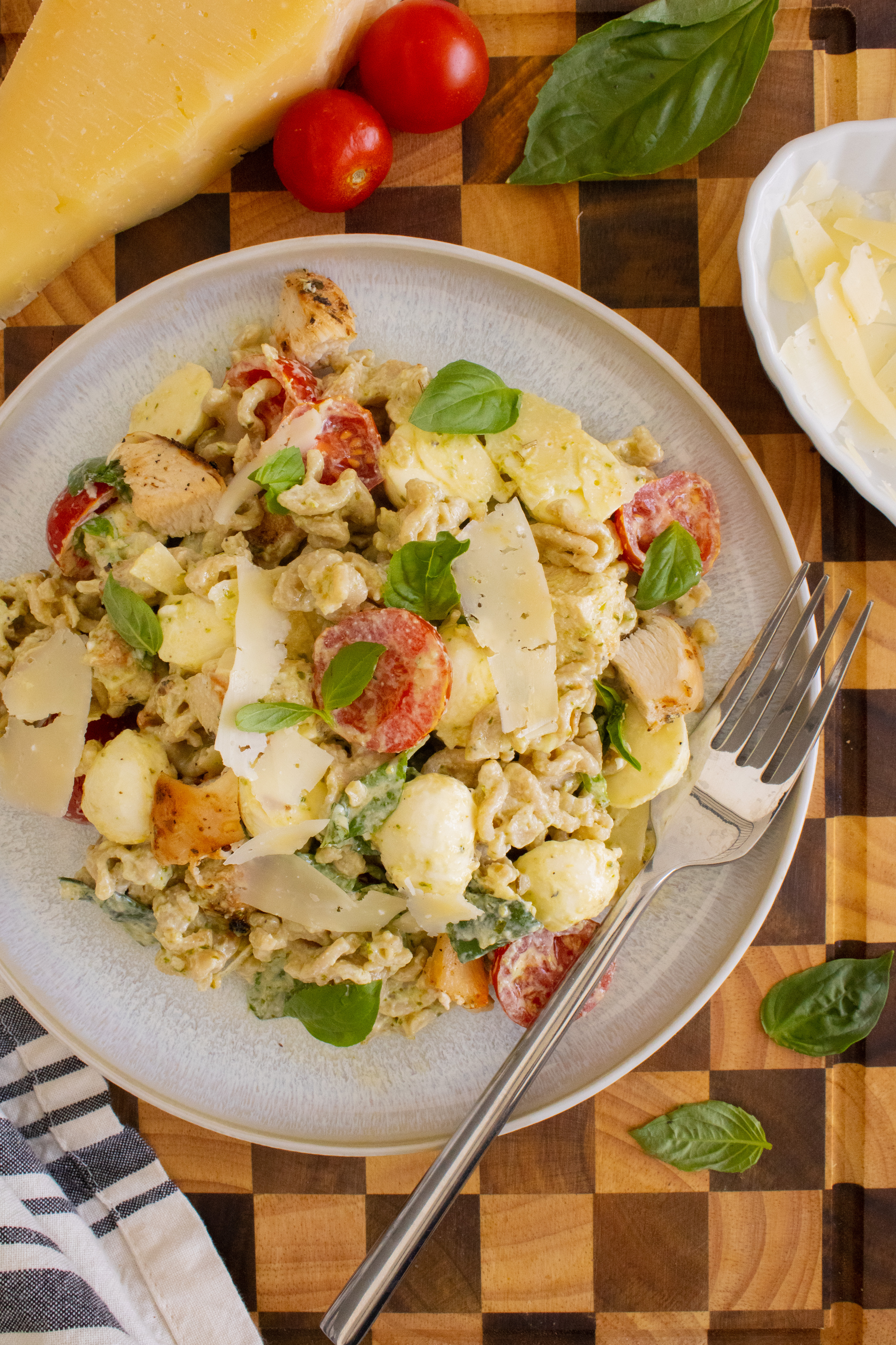 overheat shot of High Protein Pesto Pasta Salad on a plate