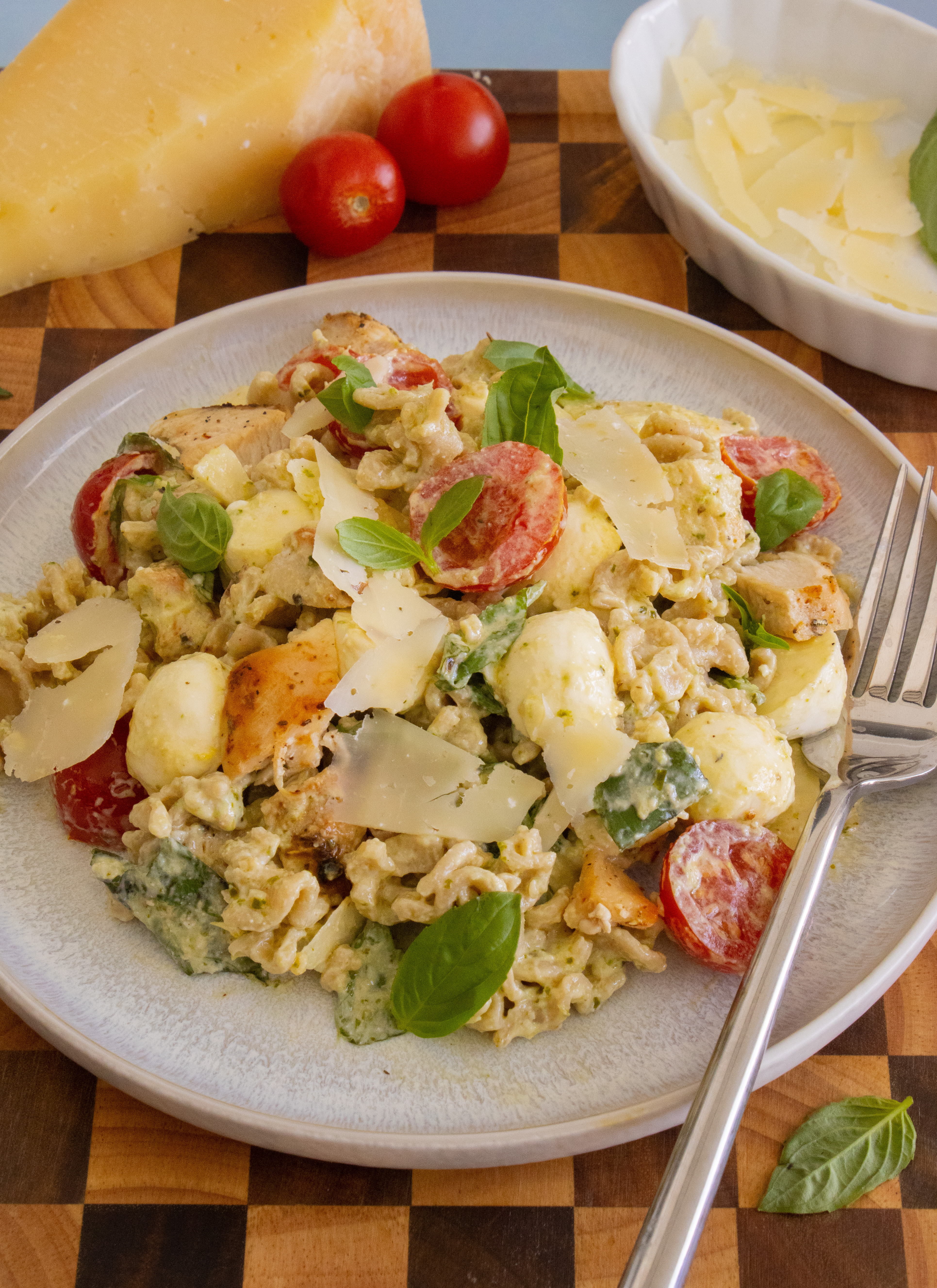close up of High Protein Pesto Pasta Salad on a plate