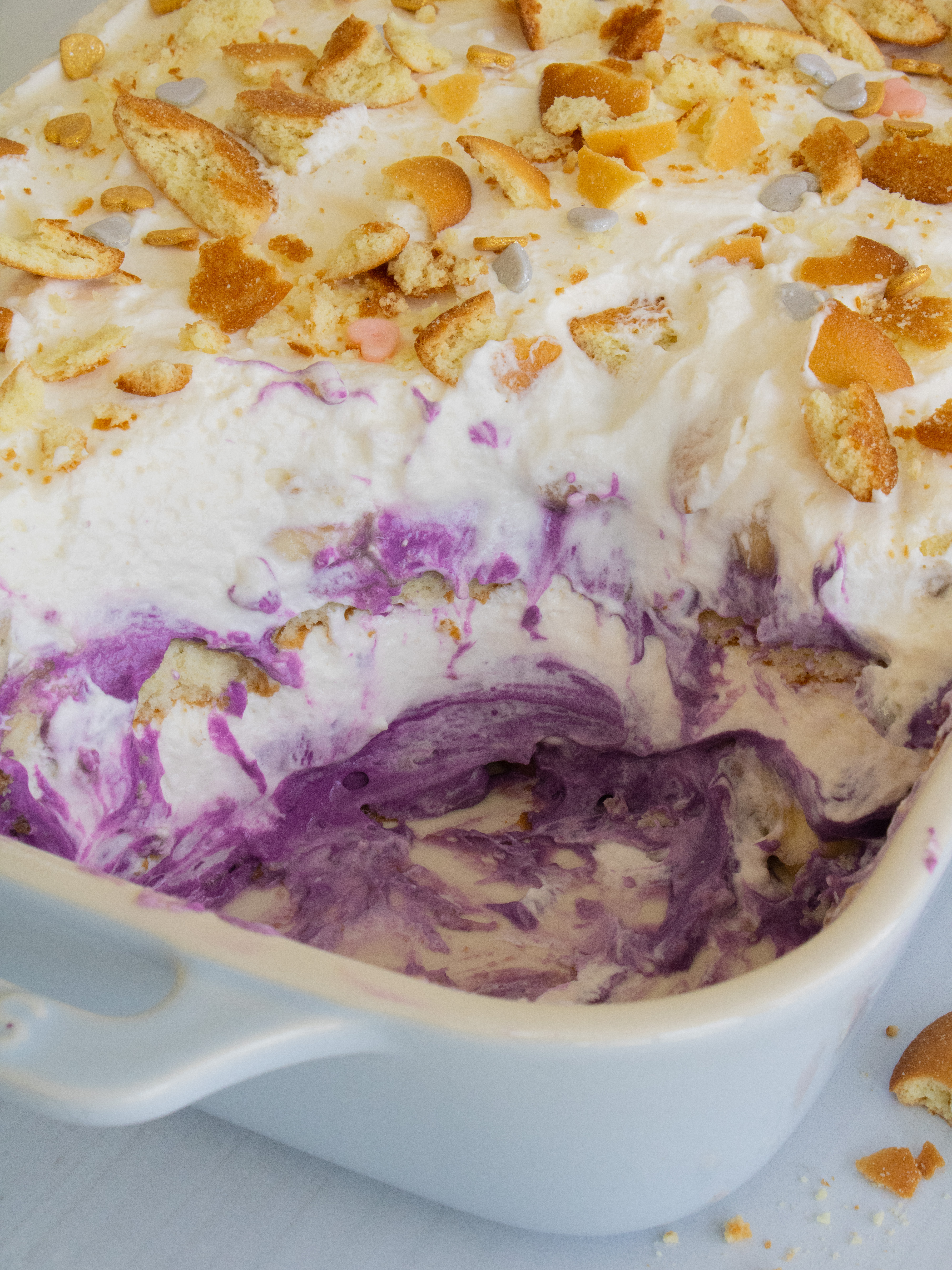 close up of Ube Banana Pudding in baking dish