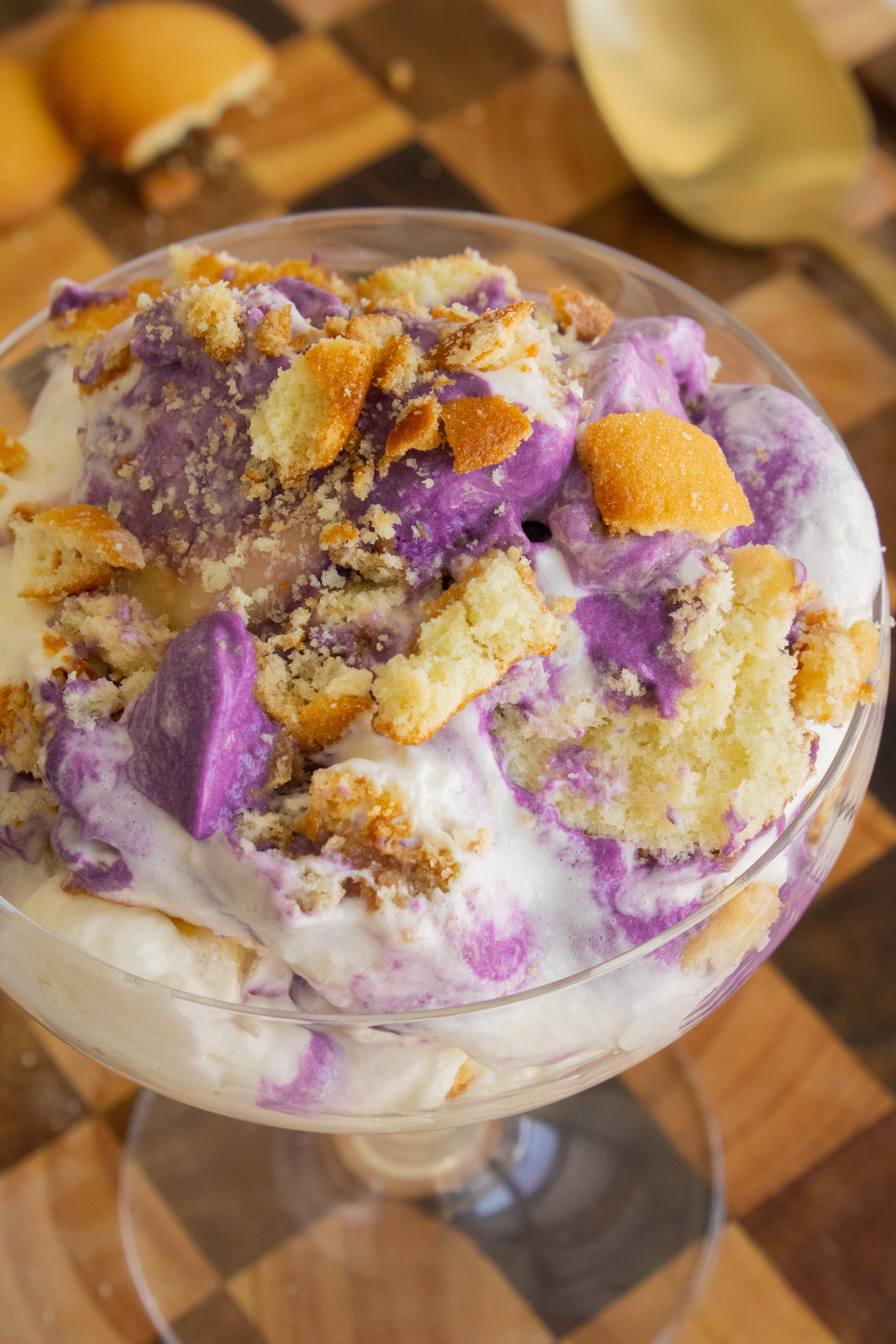 close up high angle of Ube Banana Pudding in a coupe glass